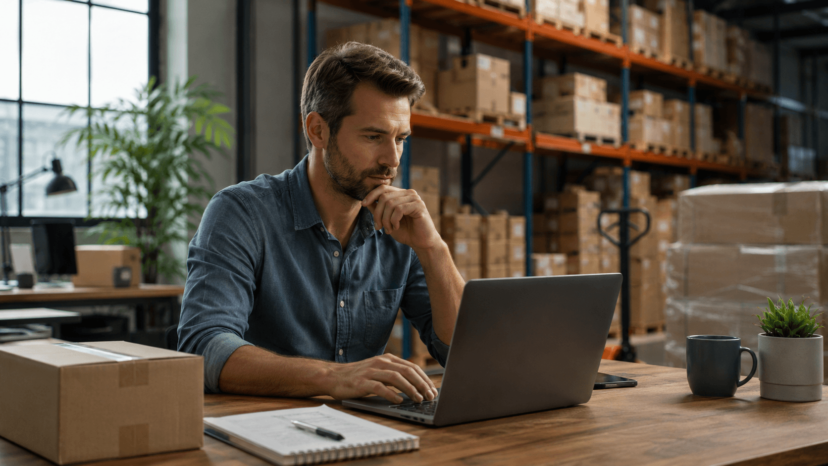 Homem analisando informações no notebook dentro de um centro de distribuição moderno, com prateleiras cheias de caixas ao fundo, ambiente corporativo industrial e iluminação natural suave em estilo realista 3D.