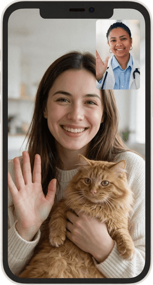Pet owner and cat on a virtual vet visit