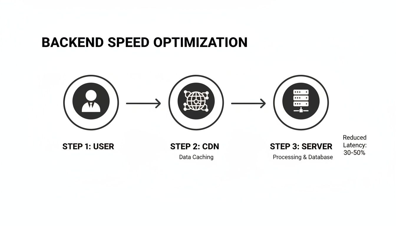 Diagram illustrating backend speed optimization steps: user, CDN for data caching, and server for processing, reducing latency by 30-50%.