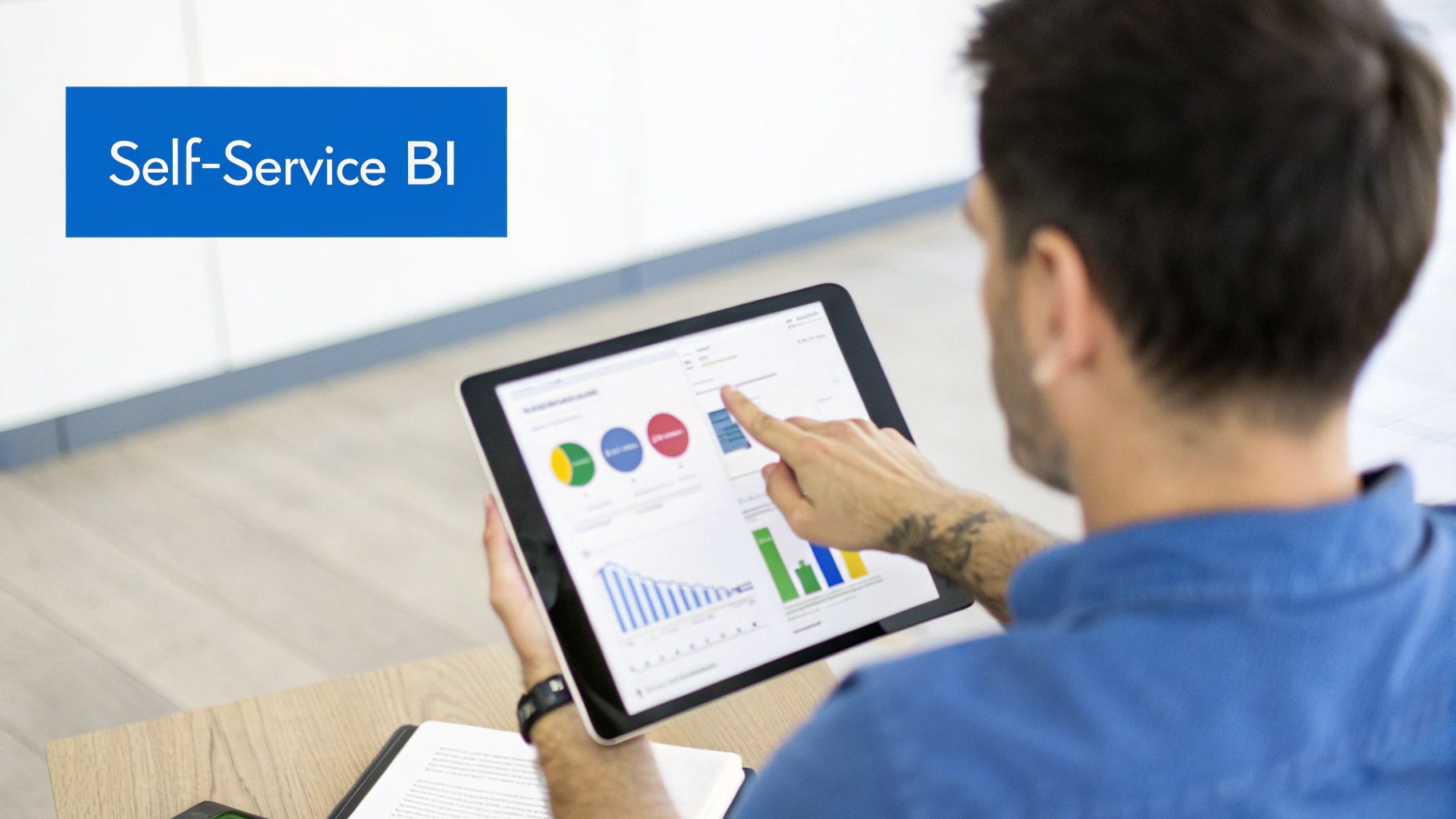 A user interacts with a tablet showing a self-service business intelligence dashboard with various data visualizations.