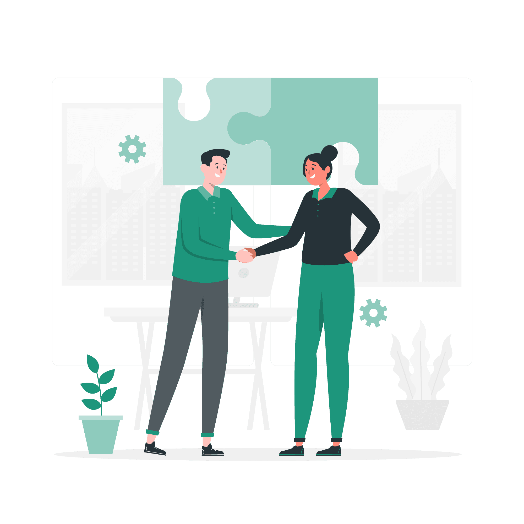 Illustration of two professionals shaking hands, symbolizing collaboration and partnership with CaseWhen Consulting for Power BI consulting and business intelligence services.