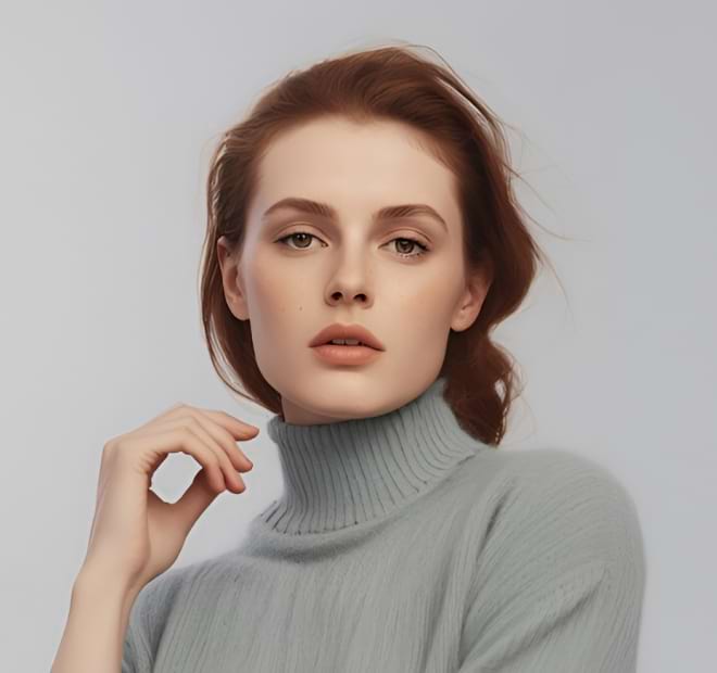 Woman in a light gray turtleneck sweater with a calm expression and slightly tousled red hair against a soft gray background. Cozy and serene mood.