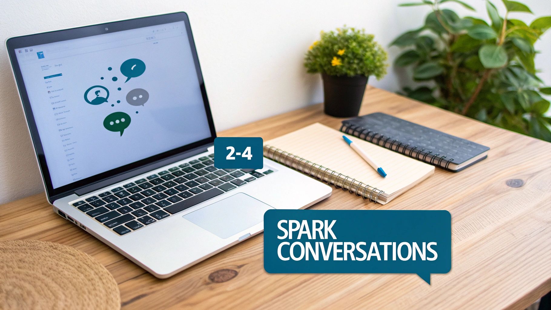 A modern workspace with a laptop displaying conversation icons, notebooks, pen, and plants on a wooden desk.