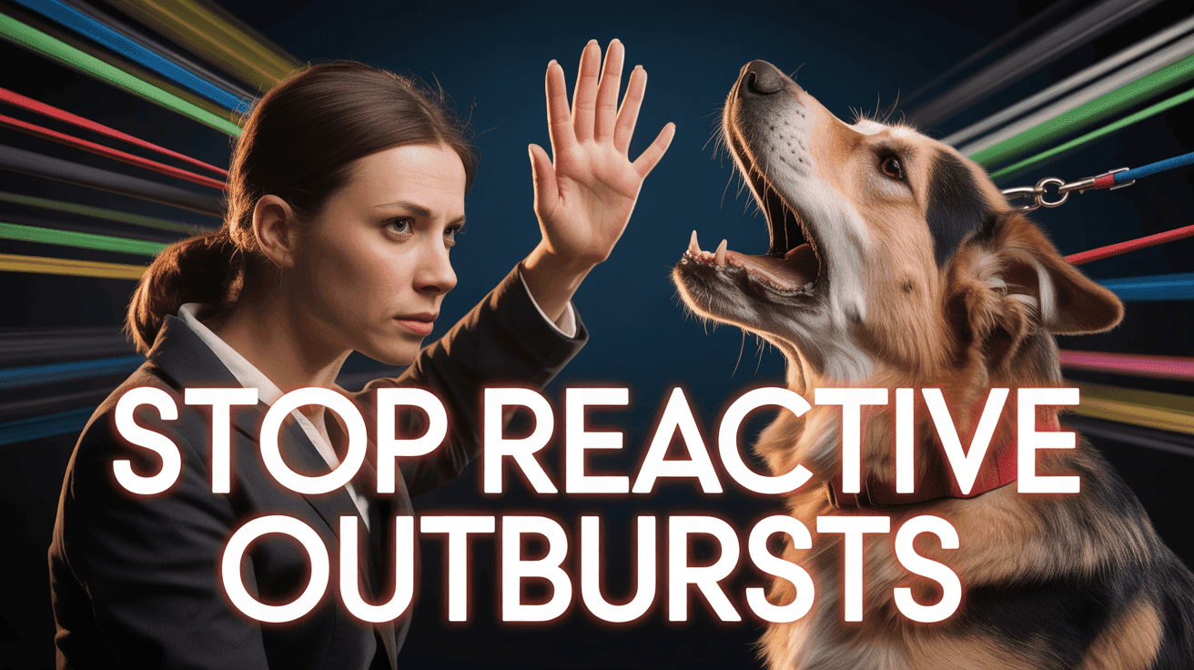 Behaviorist calming barking shepherd with neon red STOP REACTIVE OUTBURSTS text