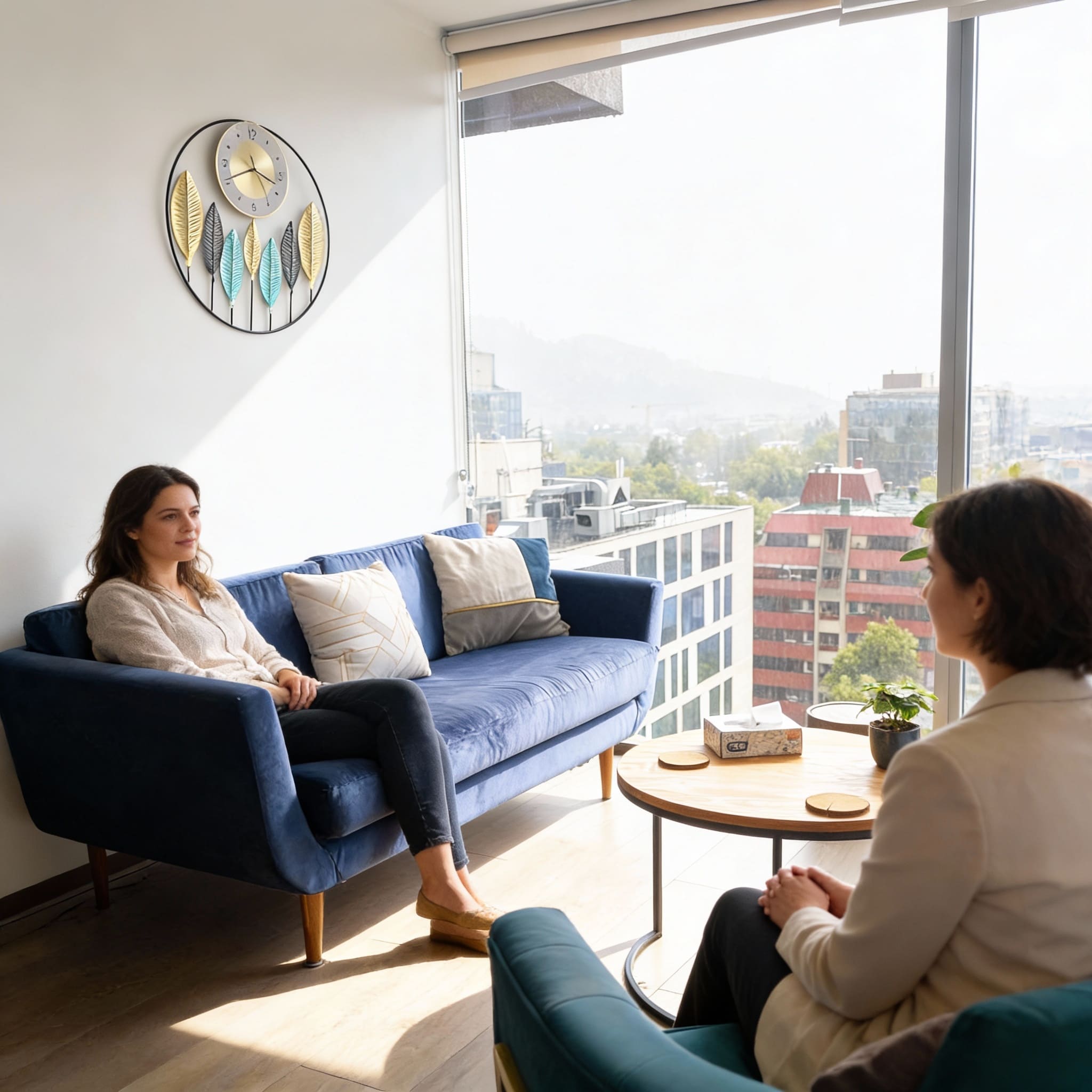 Paciente mujer en sesión de terapia psicológica real en Centro Vitalis, Santiago.