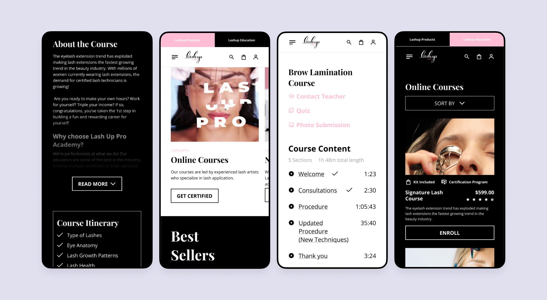 Four mobile screens from the Lashup website displaying course information. The first screen shows details about the lash extension course and its curriculum, the second screen highlights the online courses available with a best-sellers section, the third screen presents the content outline for a brow lamination course, and the fourth screen offers an overview of the signature lash course with enrollment options.