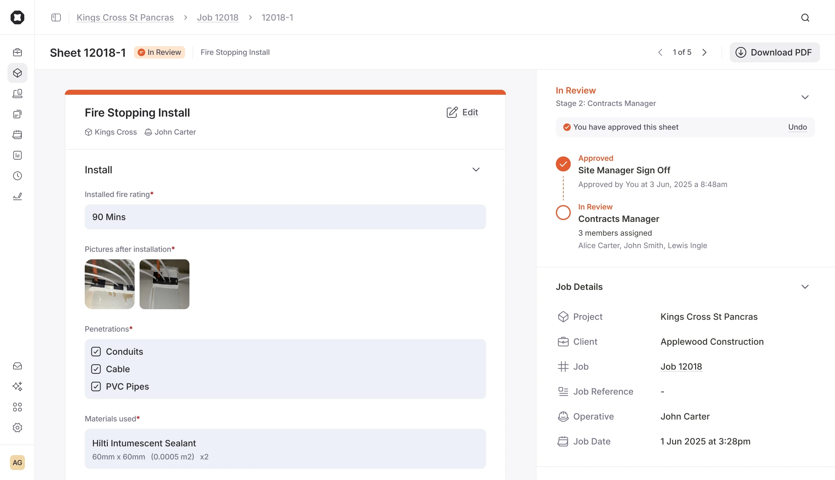 In light mode, a job sheet for a fire stopping install in Onetrace with photos attached. It has been approved by the site manager and is in review with the contracts manager.
