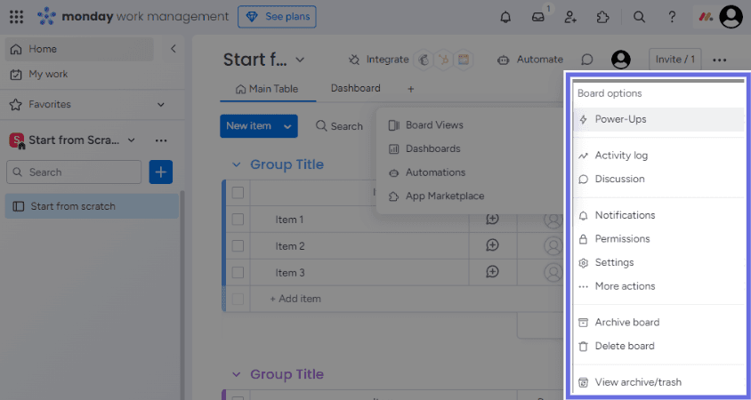 Overview of Monday work management product highlighting board elements like power ups, permissions, activity log, etc.