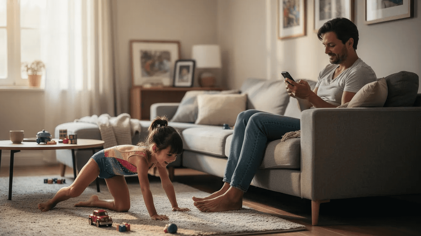 A parent is seated on a couch, focused on their smartphone, while a child in a colorful leotard plays nearby. This scene captures a relaxed moment, highlighting the balance between family time and managing class scheduling through mobile devices.
