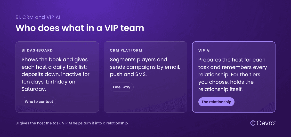 Comparison of BI dashboard, CRM platform and VIP AI for VIP player management in iGaming