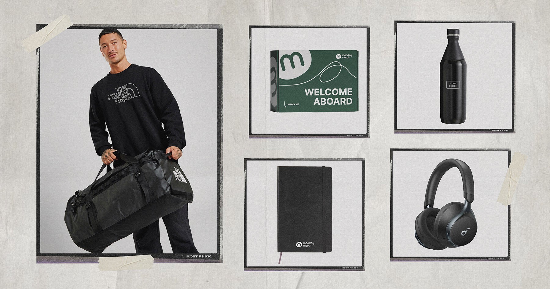 uomo con borsone e scatola personalizzata, articoli per bere, notebook e cuffie