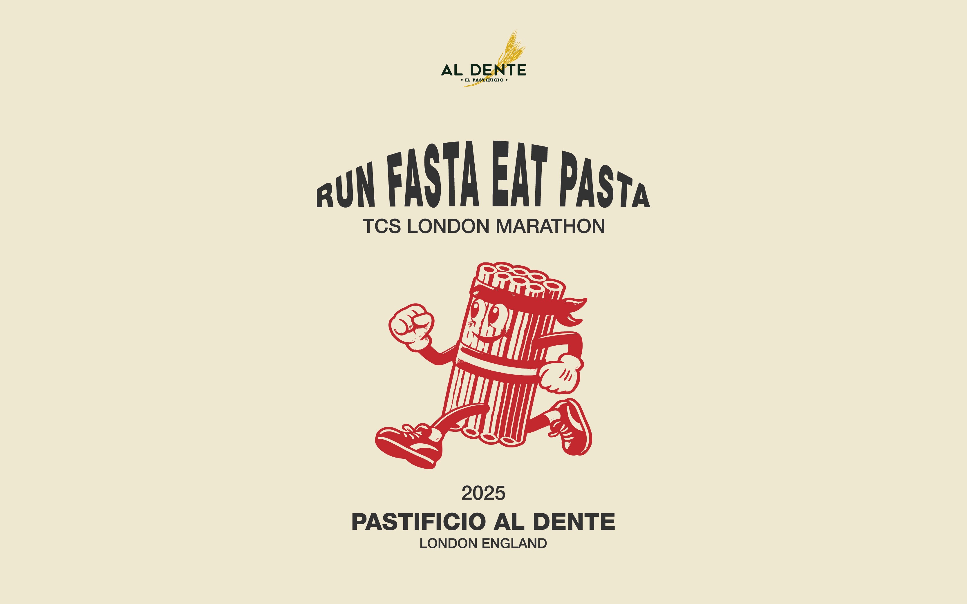 illustrazione di run fast eat pasta un rigatone che corre la maratone