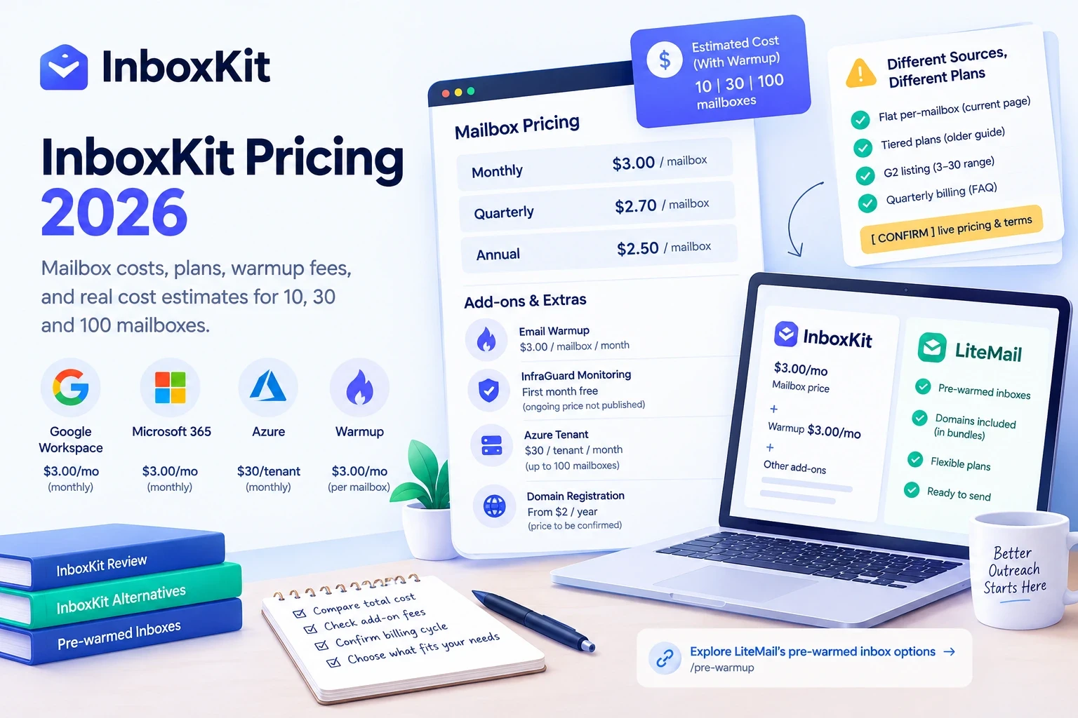 InboxKit pricing starts at $3.00 per Google Workspace or Microsoft 365 mailbox per month