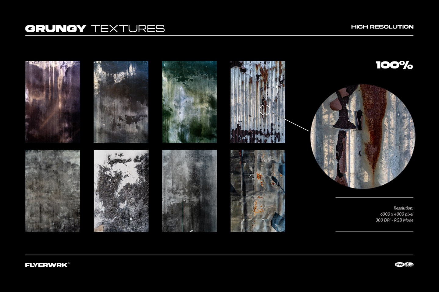 Collection of high resolution grunge metal textures featuring rusty corrugated surfaces and dark weathered walls