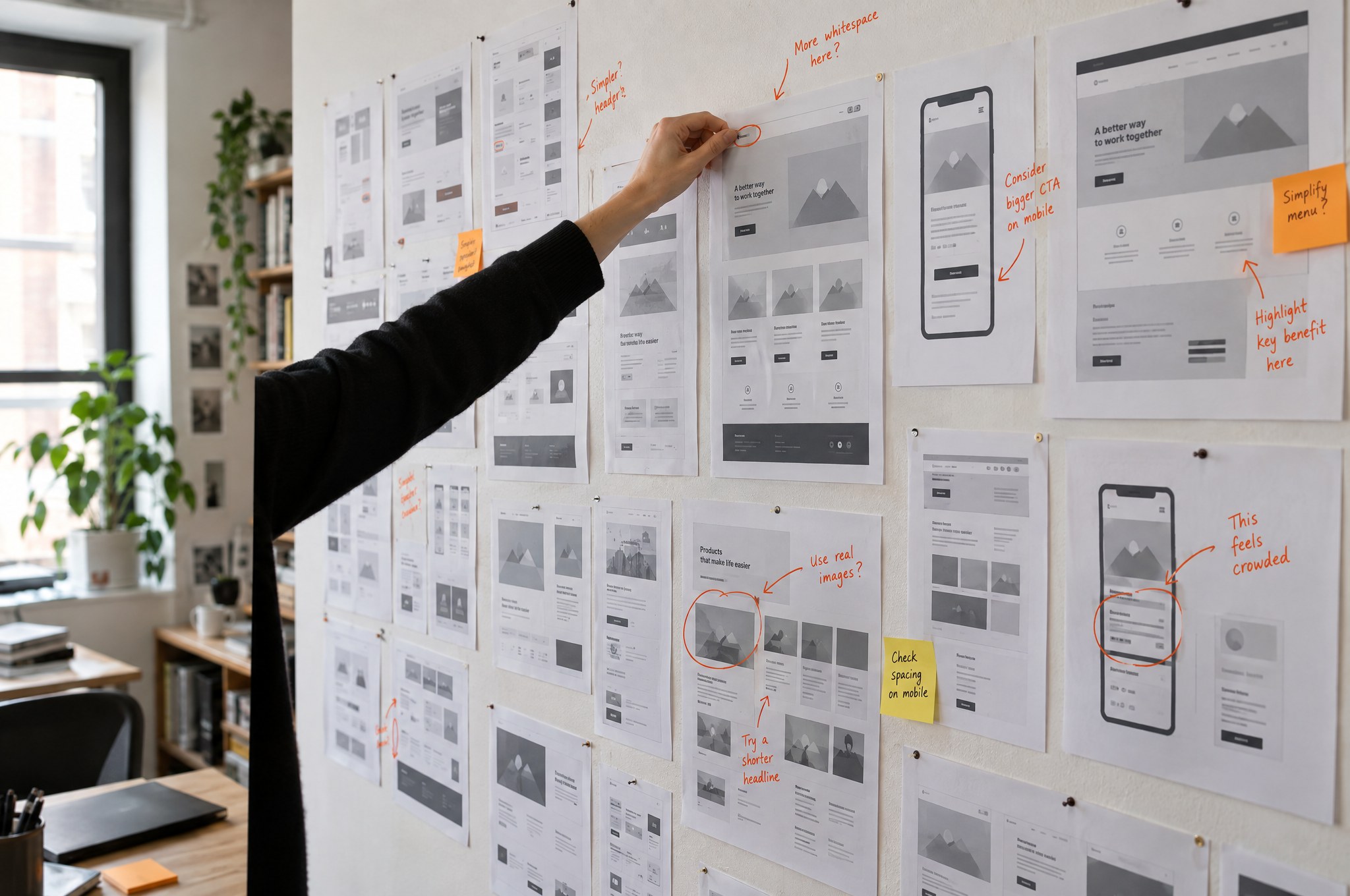 Design studio wall covered with printed website wireframes and orange marker annotations