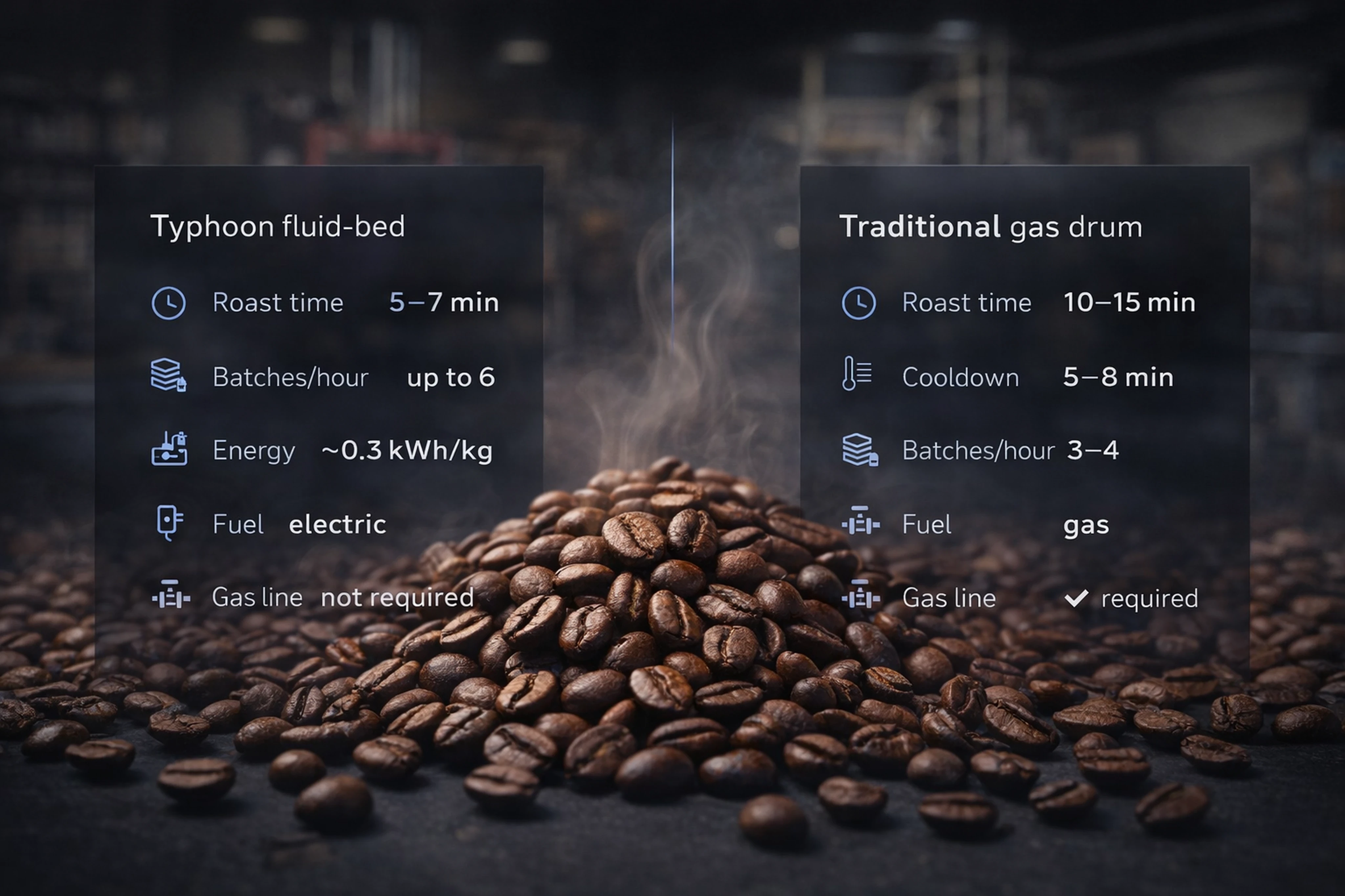 Infographic comparing Typhoon electric fluid-bed roasting metrics with traditional gas drum roasters.