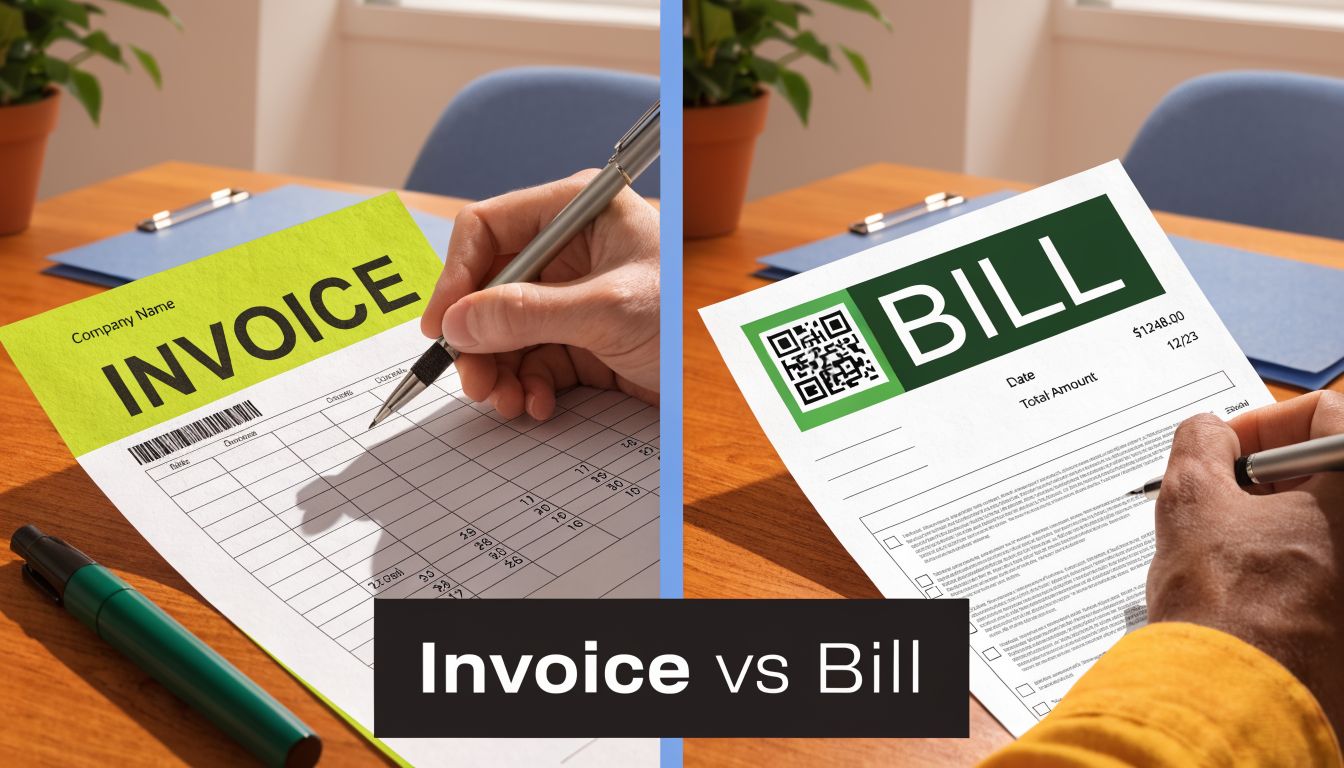 A split image showing a hand writing on an invoice form and a bill document side by side.