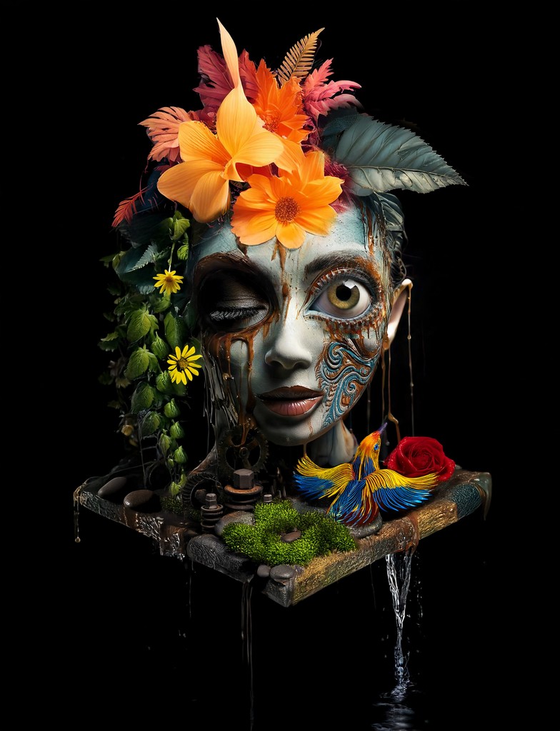 Surreal portrait of a woman's face with flowers, gears, and tribal designs