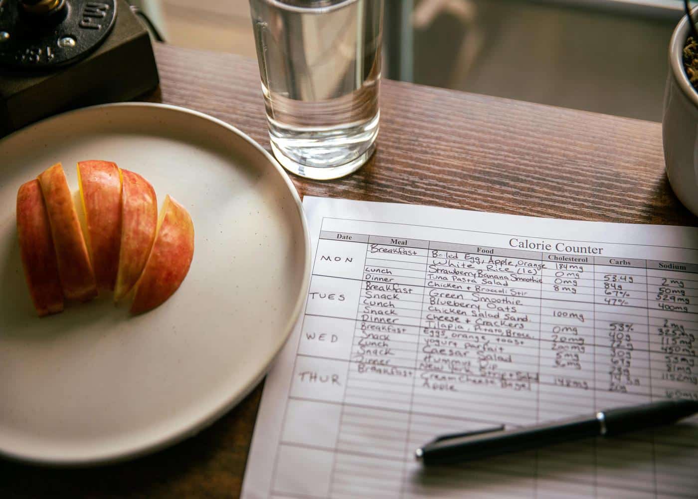 Apple slices on plate and a glass of water next to a calorie counter form