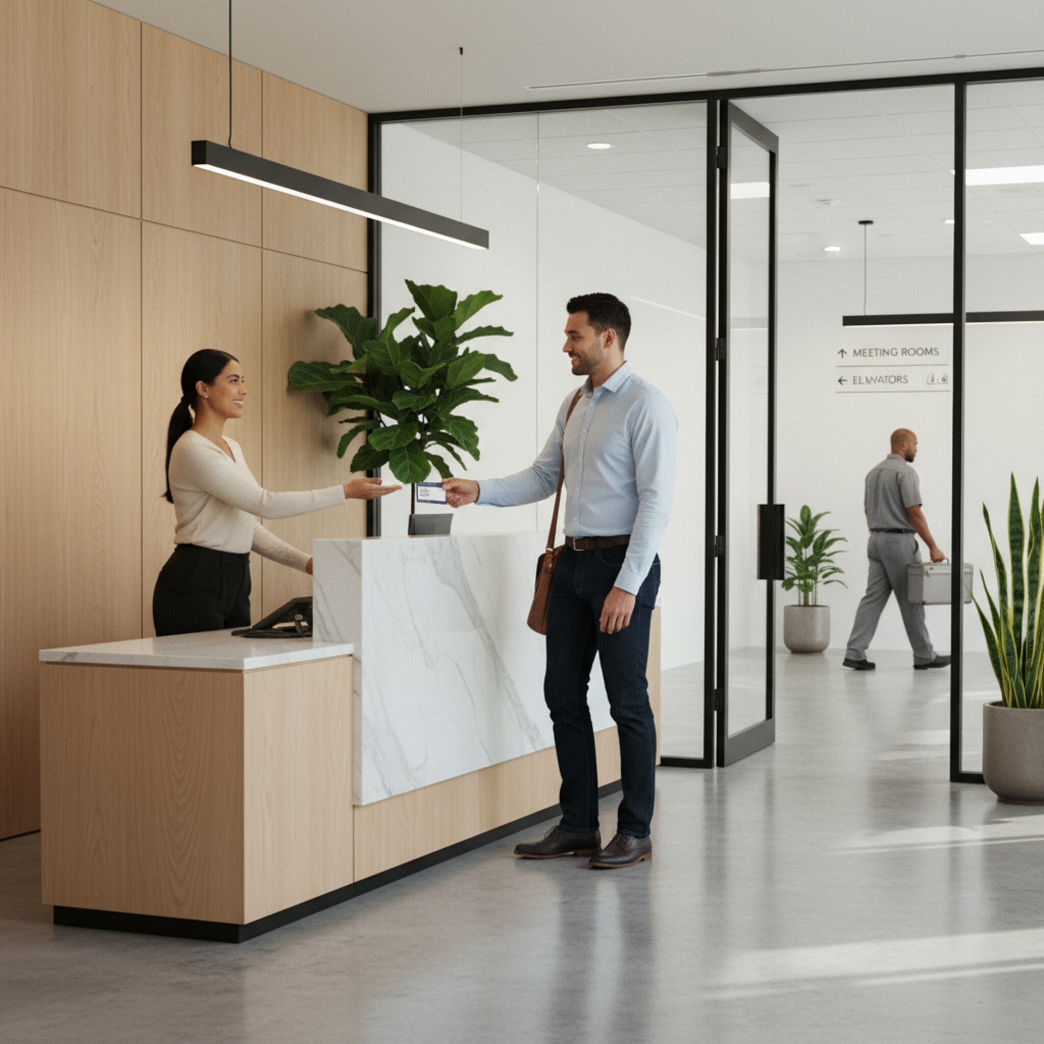 Ein Gast nimmt am Empfang ein Namensschild entgegen, während ein Mitarbeiter freundlich den Weg weist. Eine Glastür öffnet sich, dahinter ein klar beschilderter Flur. Ein Hausmeister schiebt einen Werkzeugkoffer dezent vorbei. Der Ablauf wirkt ruhig, sicher und professionell.