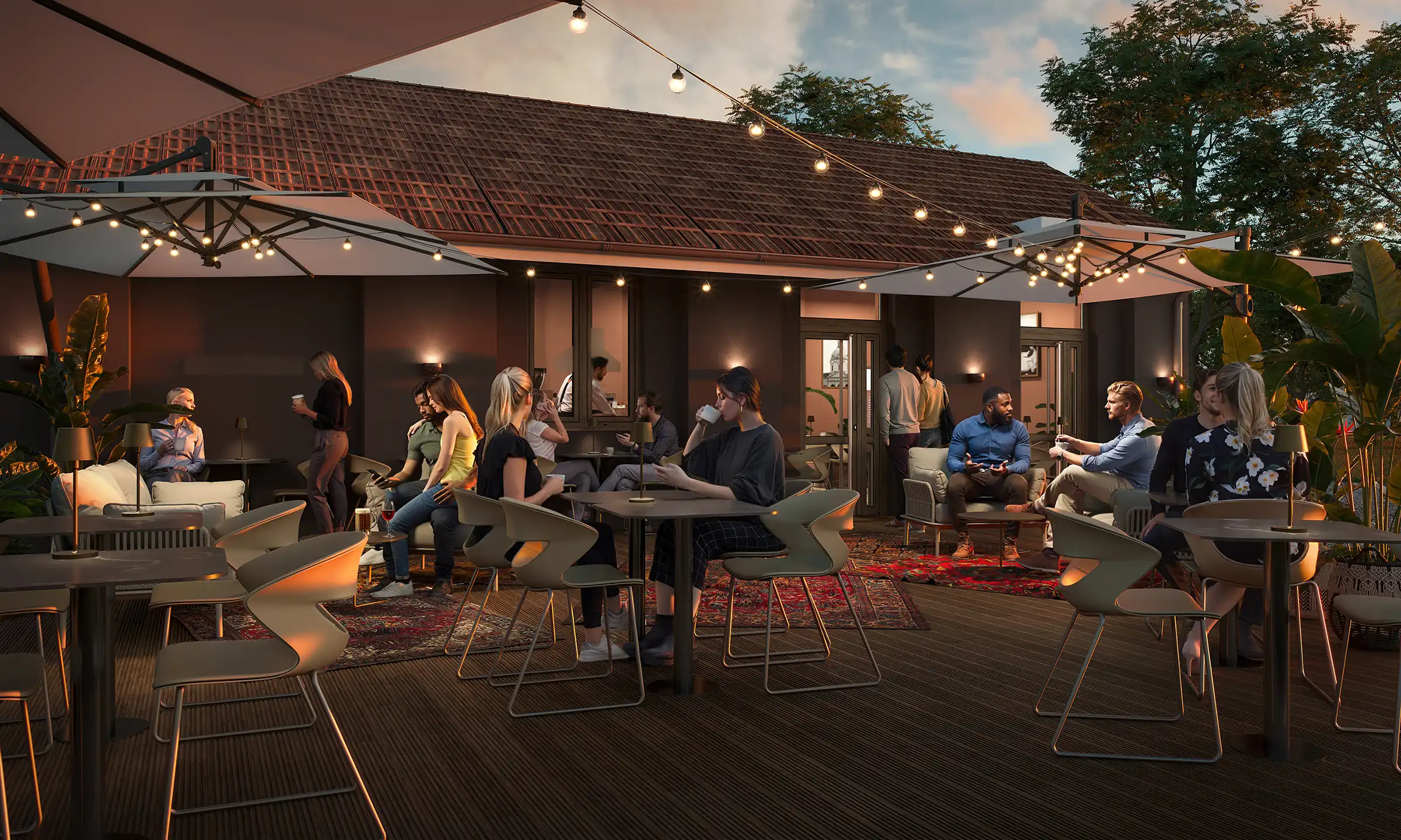Evening outdoor lounge terrace with string lights, large umbrellas, and guests relaxing. Cozy rooftop or beach club atmosphere at sunset.