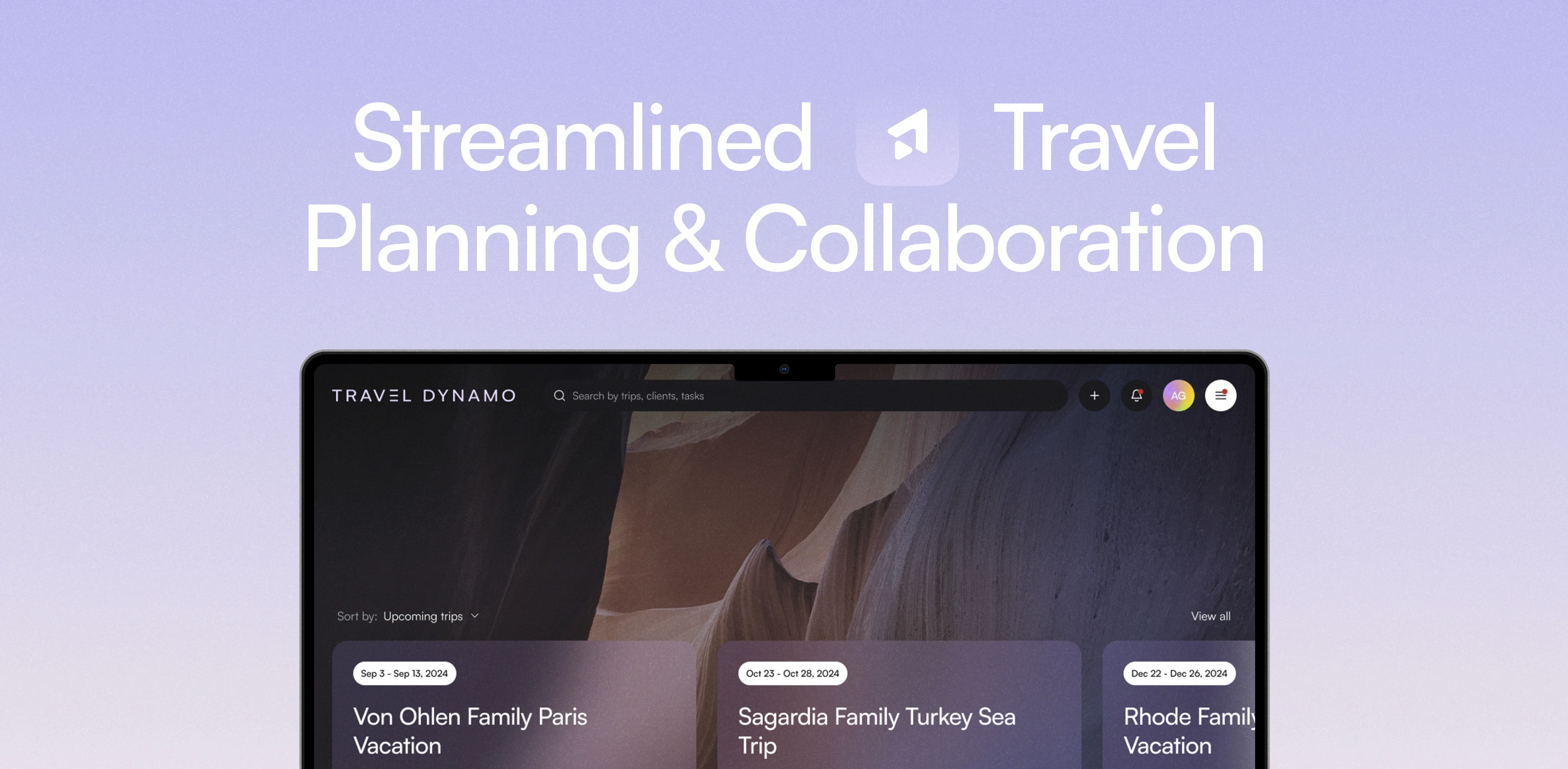 A promotional image for Travel Dynamo showcasing a laptop screen displaying travel plans. The background is a smooth gradient from light purple to lavender. The text at the top reads "Streamlined Travel Planning & Collaboration" in bold white font. The laptop screen displays the Travel Dynamo interface with trip details for different family vacations, including dates, destinations, and costs. The interface shows various planned trips like "Von Ohlen Family Paris Vacation" and "Sagardia Family Turkey Sea Trip," each with pending tasks and awaiting agent status.