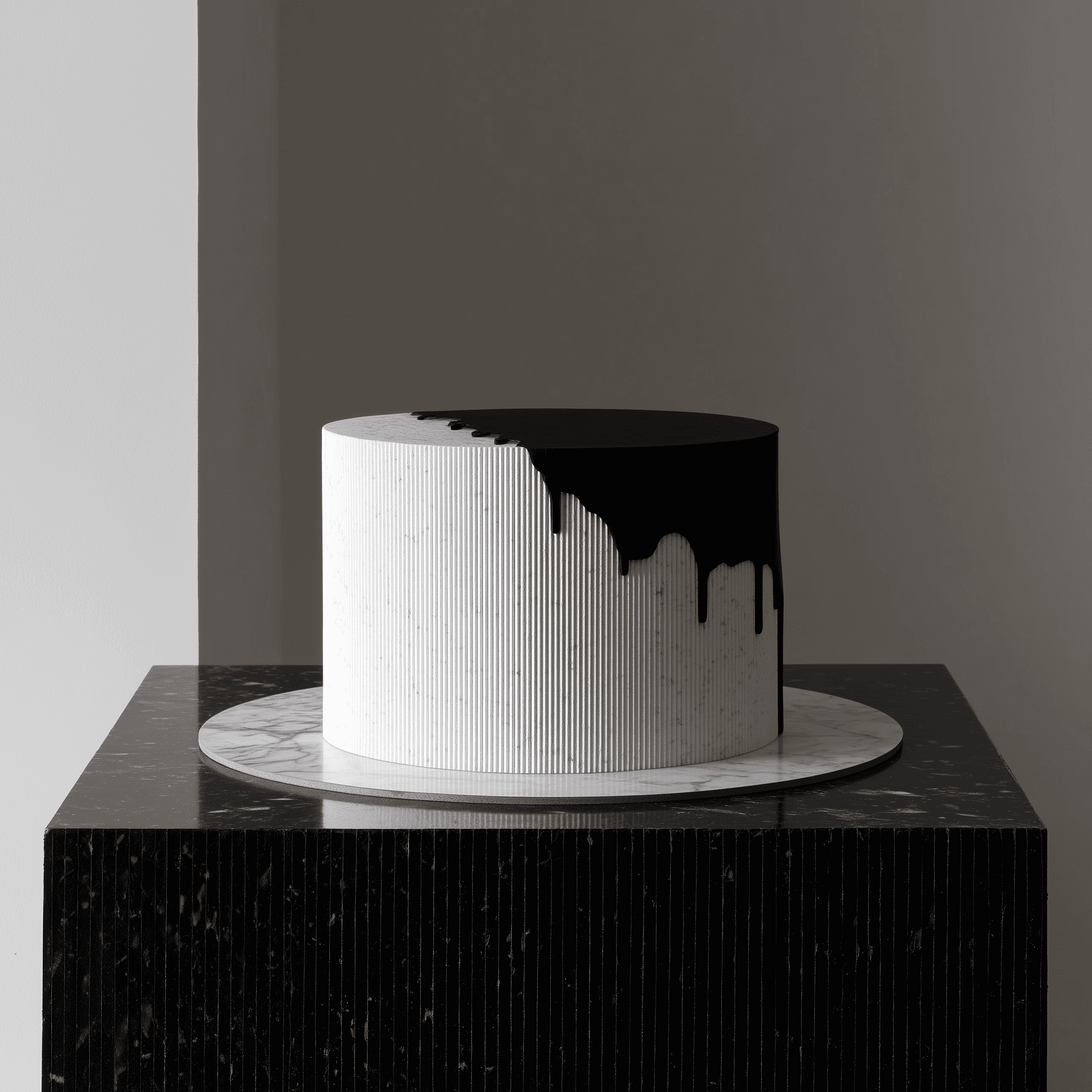 Minimal sculptural cake with vertical ridges, topped with glossy black glaze dripping over a white surface, displayed on a marble pedestal.