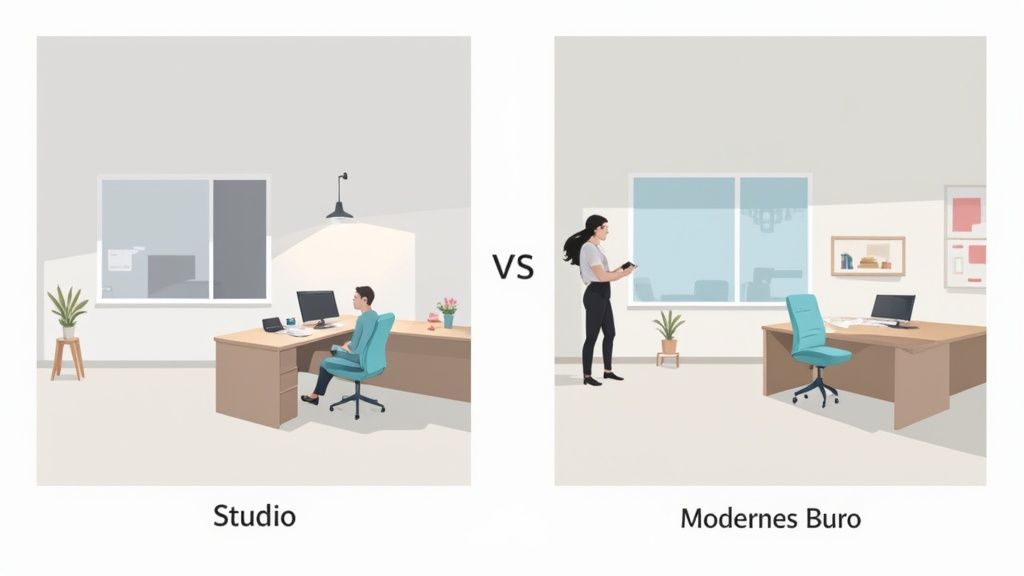 Zwei Büroarbeitsplätze im Vergleich: ein Studio mit Mann am Schreibtisch und ein modernes Büro mit stehender Frau.
