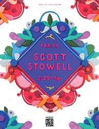 A poster with a purple square, some red, green and blue leaves with the text Scott Stowell in the middle.