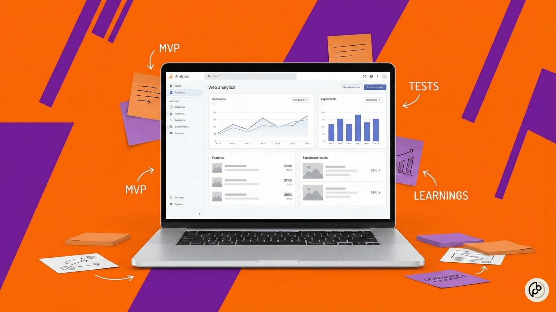 Retangulo laranja com simbolos geométricos roxos. 