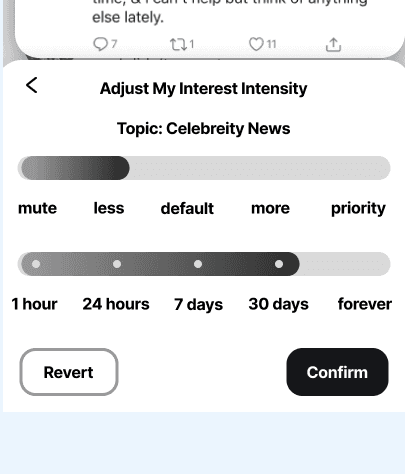 Full page: five named intensity stops, mute less default more priority, and duration as a second slider