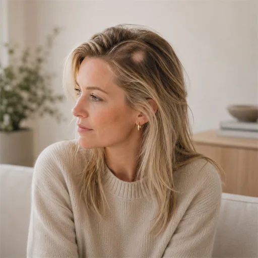 Vrouw met pleksgewijze haaruitval in een medische omgeving, passend bij alopecia areata.