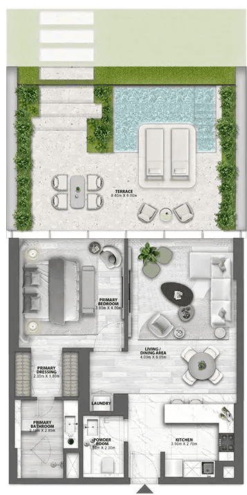 Floor plan of a one-bedroom apartment located in Passo by beyond , Dubai, showcasing room layout and dimensions.