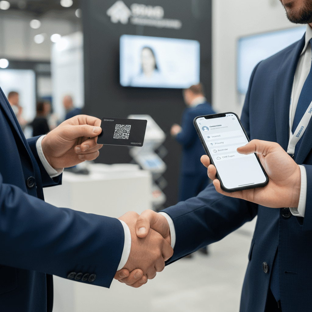 Two professionals exchanging a QR business card at a trade show while Habsy captures the lead with custom fields and reminders.