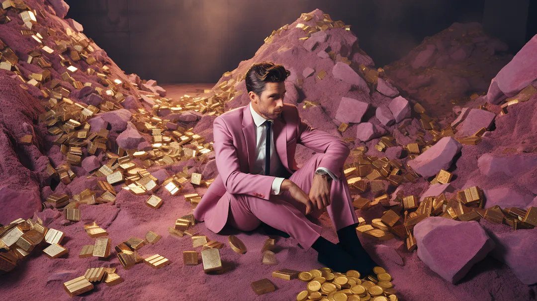 A young man in a mauve suit sits on a pile of gold