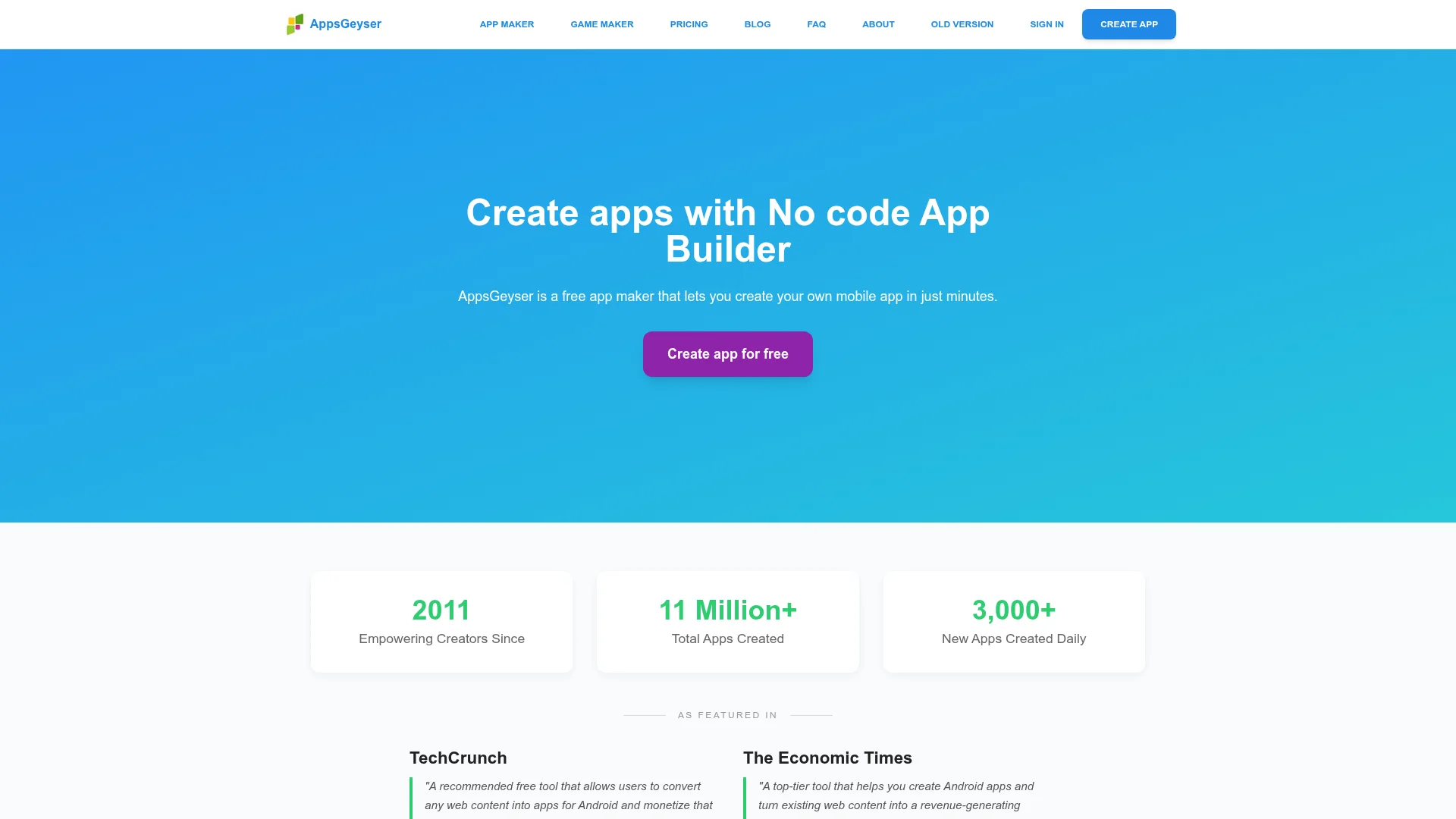 AppsGeyser free no-code app builder with 11 million apps created since 2011