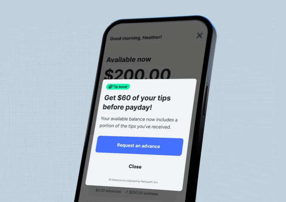 Mockup of a phone screen showing a "Tip boost" notification offering an advance on tips before payday