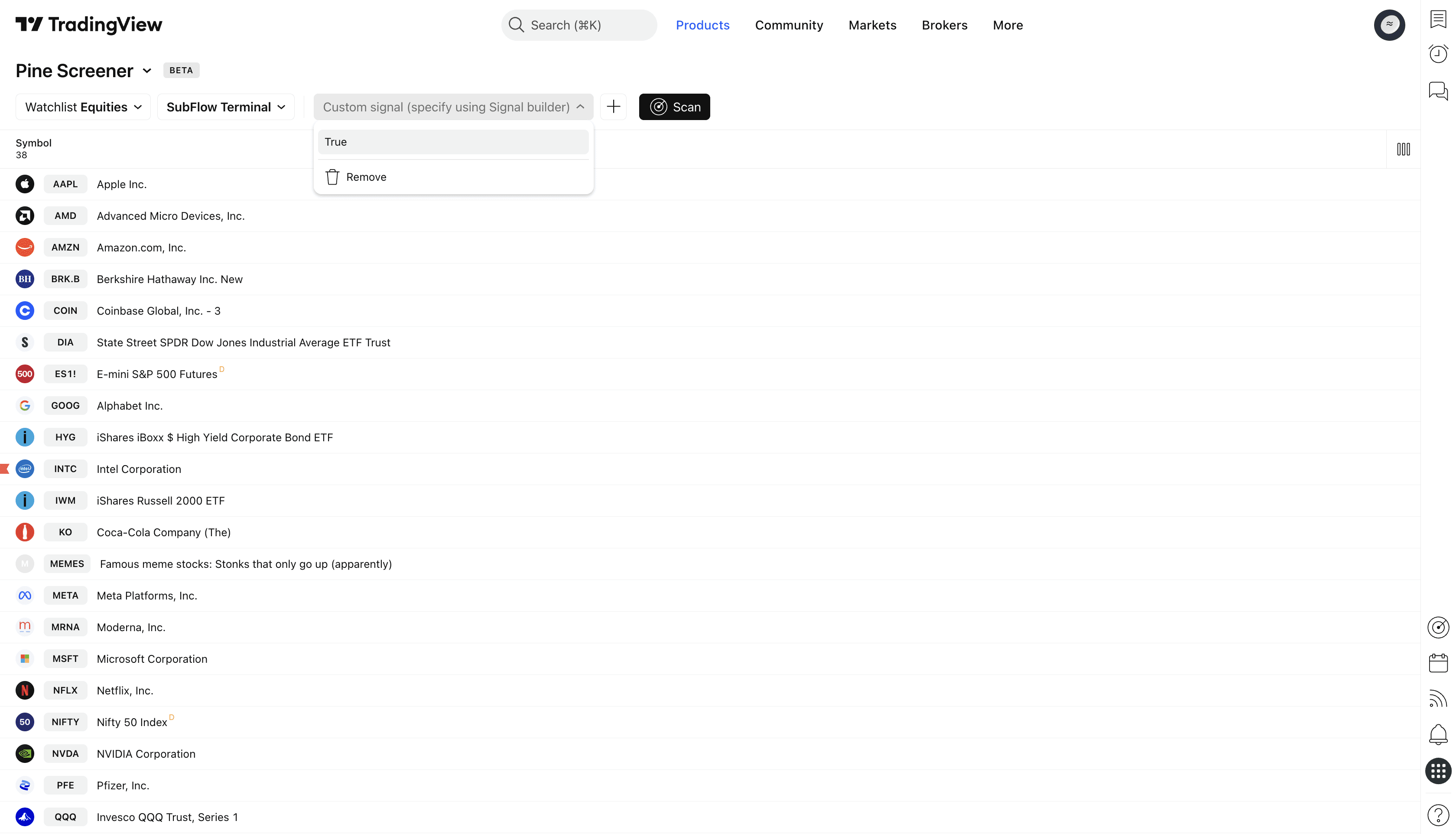 Illustration showing how toggle on market scan conditions with SubFlow Terminal using TradingView's PineScreener.