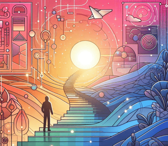 AI-generated visual by the author depicting a person ascending stairs surrounded by futuristic vectors, evoking a Wizard of Oz-inspired aesthetic.