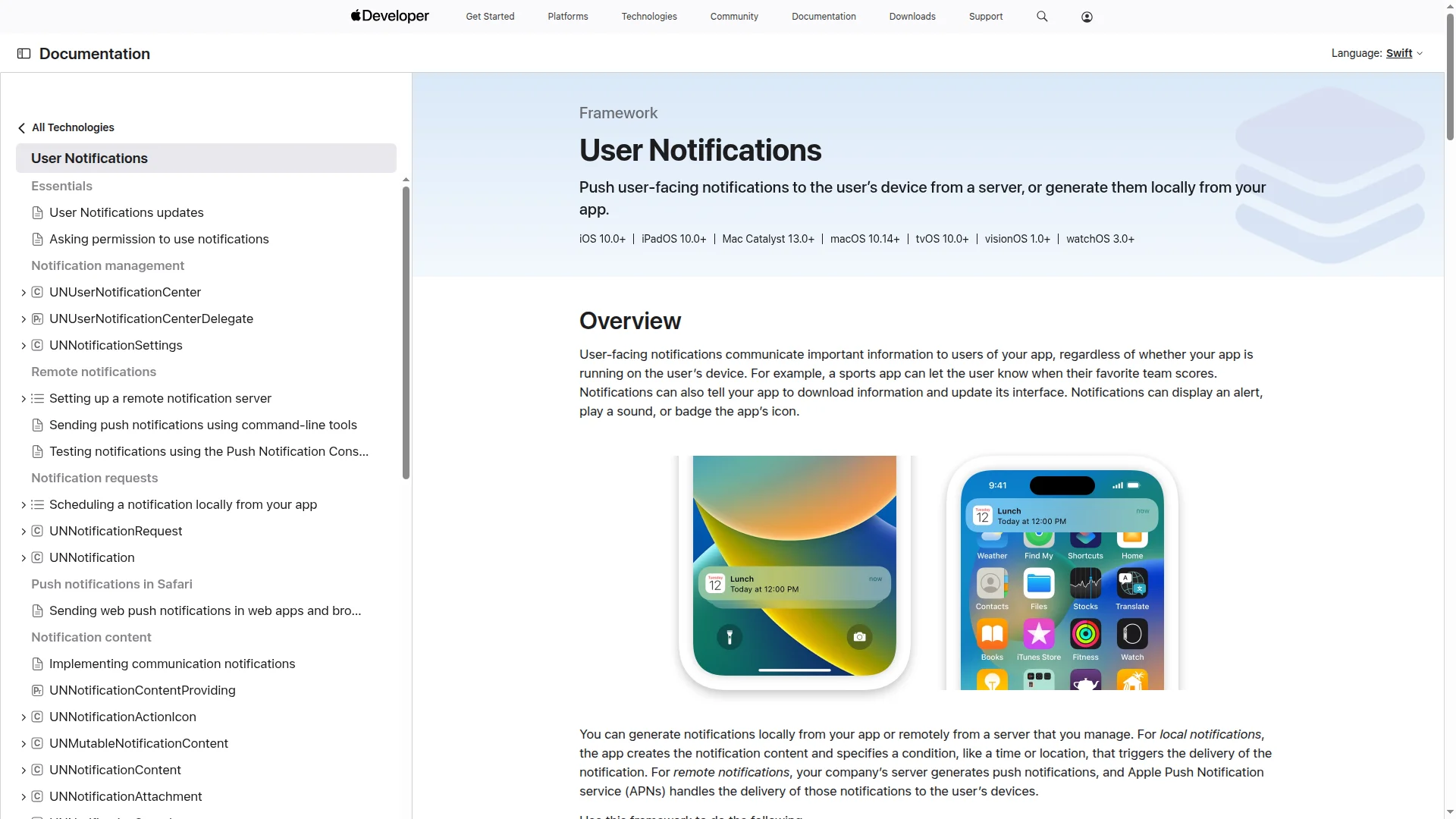 Apple Push Notification service documentation page for configuring iOS notifications