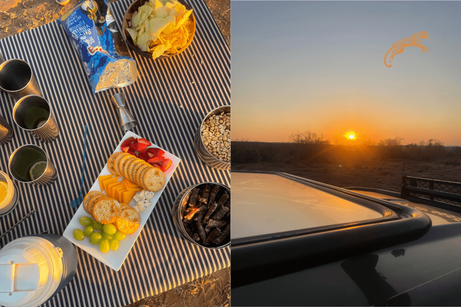 assemblage d'image, a gauche, un petit déjeuner dans le bush, a droite un coucher de soleil dans la savane