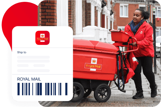 Royal Mail shipping label and delivery person