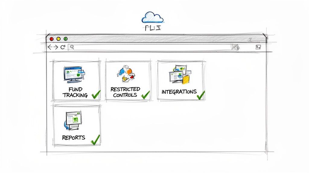 Hand-drawn web interface sketch showing financial modules like fund tracking, restricted controls, integrations, and reports.