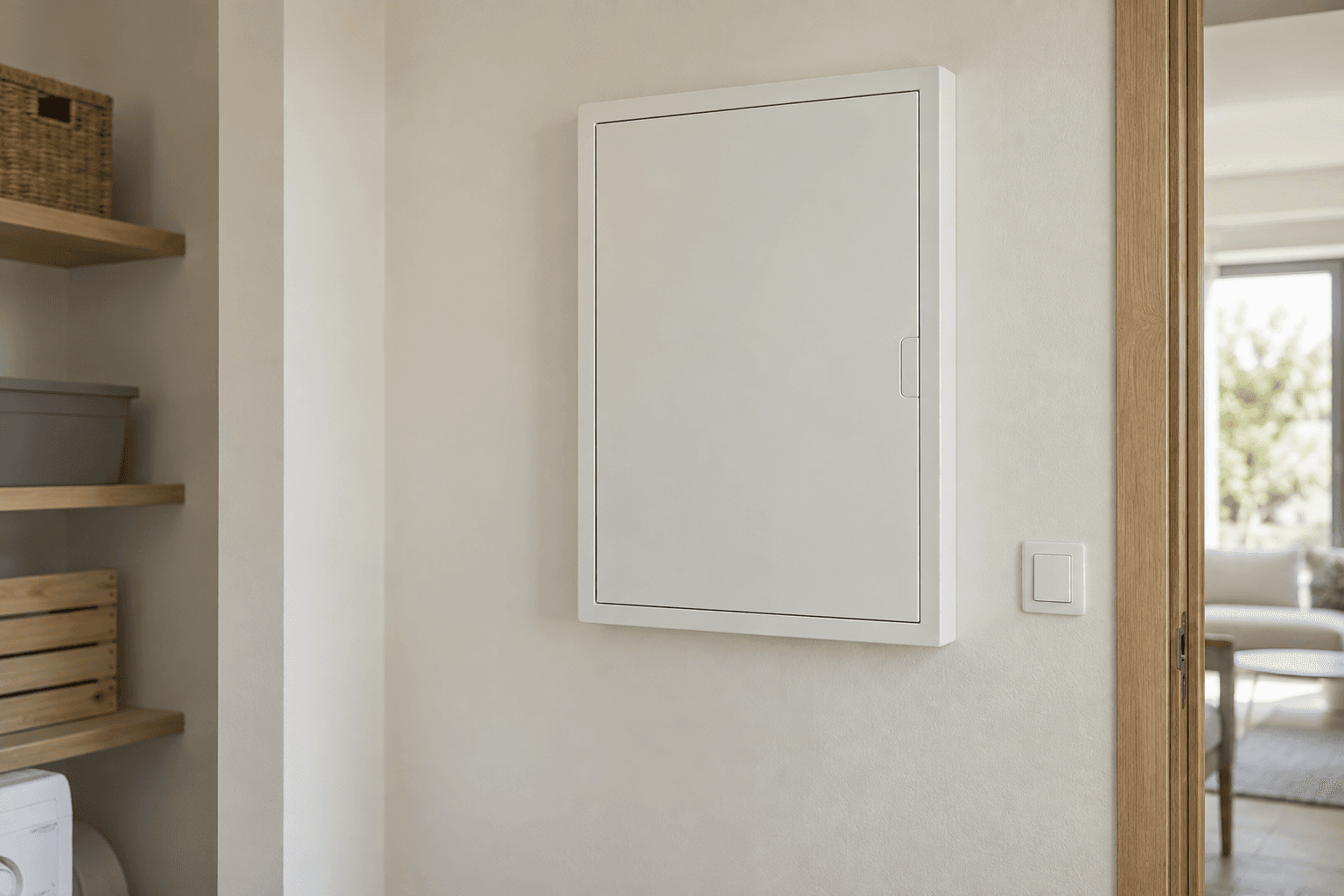 Placard électrique fermé dans une pièce technique sobre et lumineuse