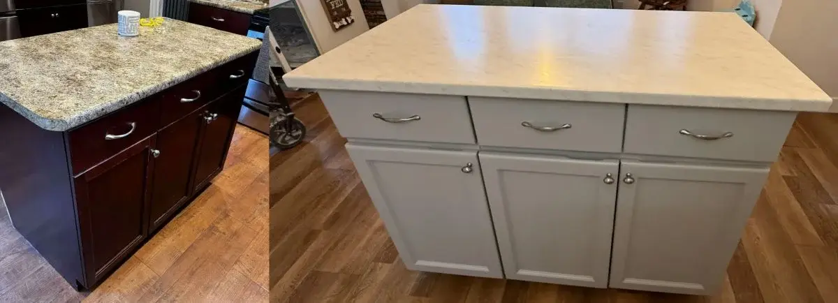 High-quality refinished oak cabinets painted green for a contemporary look in a Lower Mainland home.