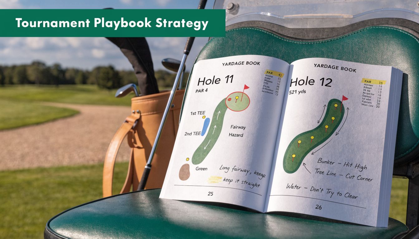 A golf yardage book open to pages showing hole eleven and twelve resting on a golf cart.