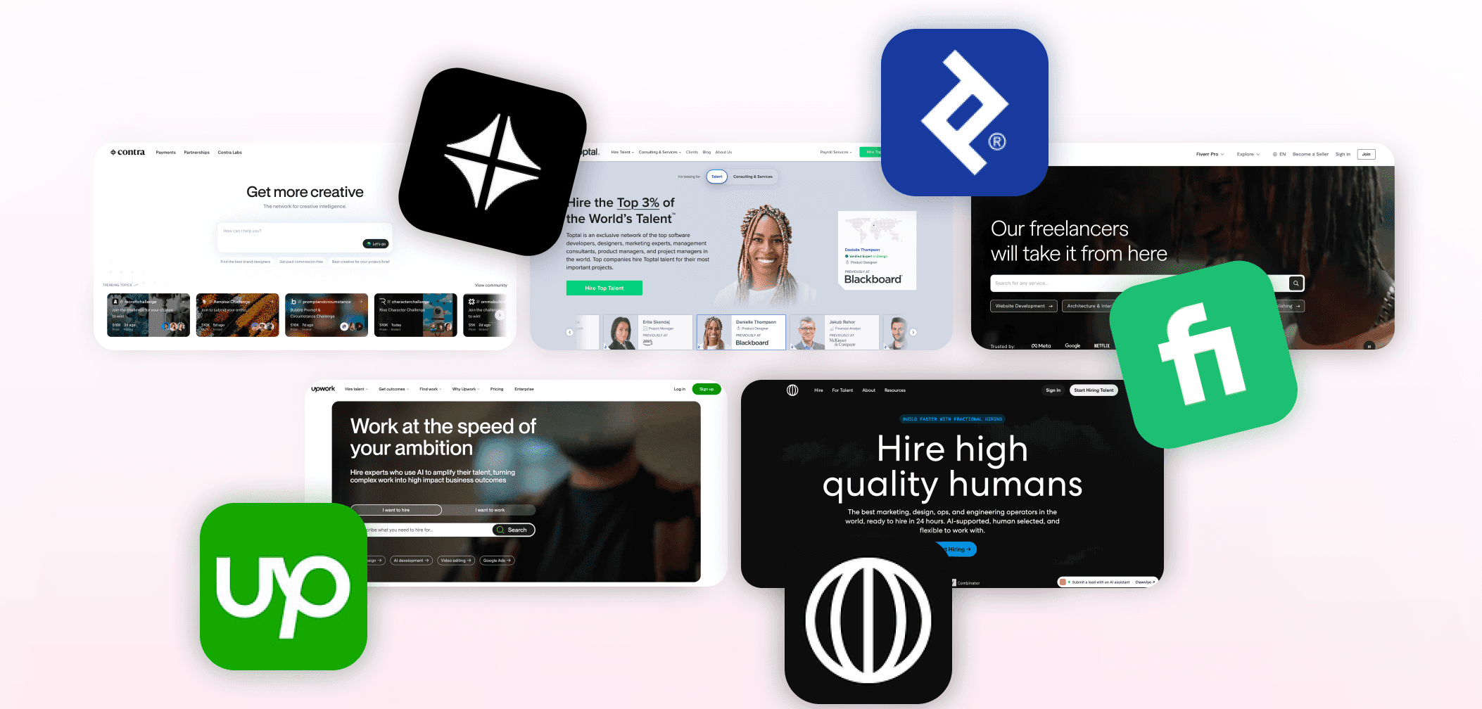 Collage of popular freelance marketplaces and talent platforms, including Upwork, Fiverr, Toptal, Contra, and others.