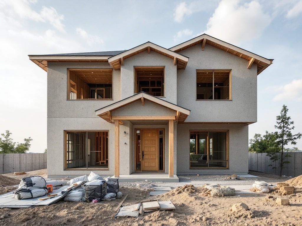 A two-story house under construction with a wooden frame and large windows.