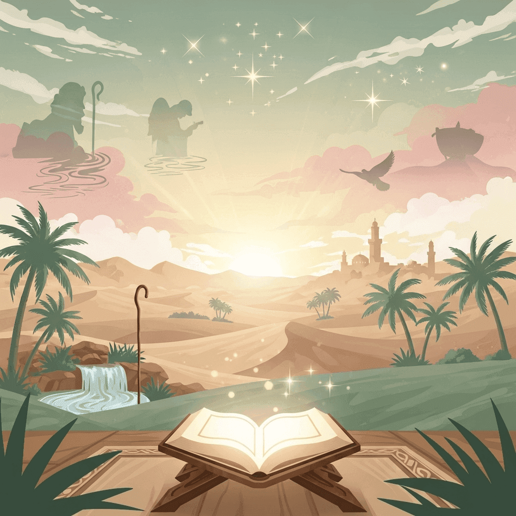 Open Quran in desert oasis landscape with mosque, palm trees, and celestial figures.