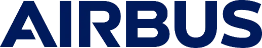 Logo de la marque Airbus en lettres capitales bleues foncées sur un fond noir, symbolisant l'expertise et la confiance.